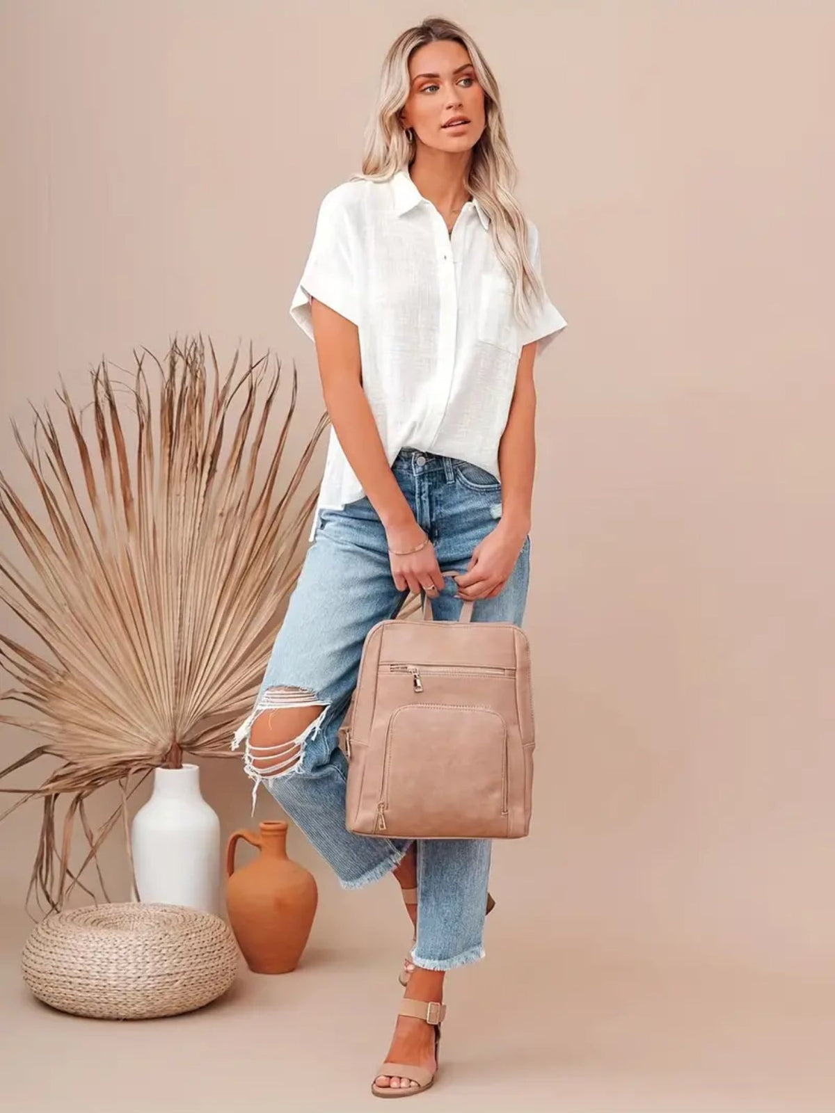 Solid Color Short Sleeve Blouse, Casual Button Front Blouse