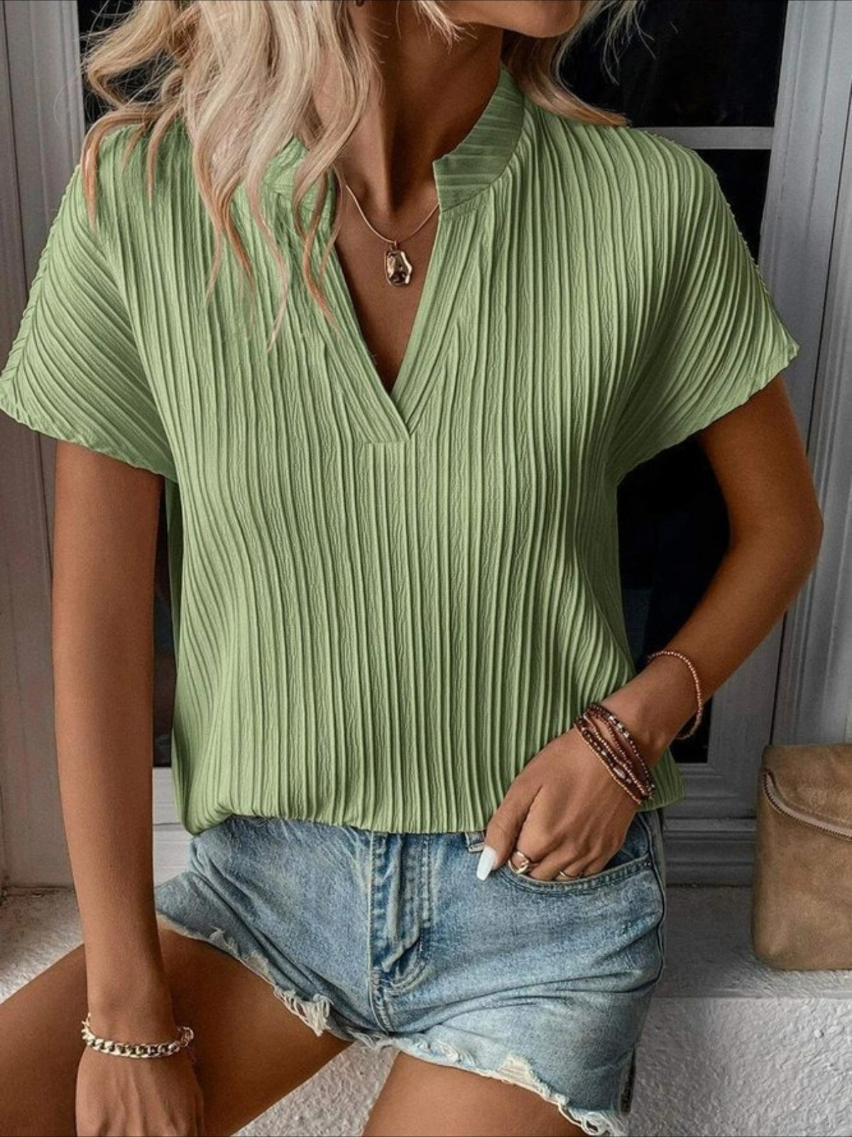 Elegant Plain V Neck Short Sleeve T-shirt