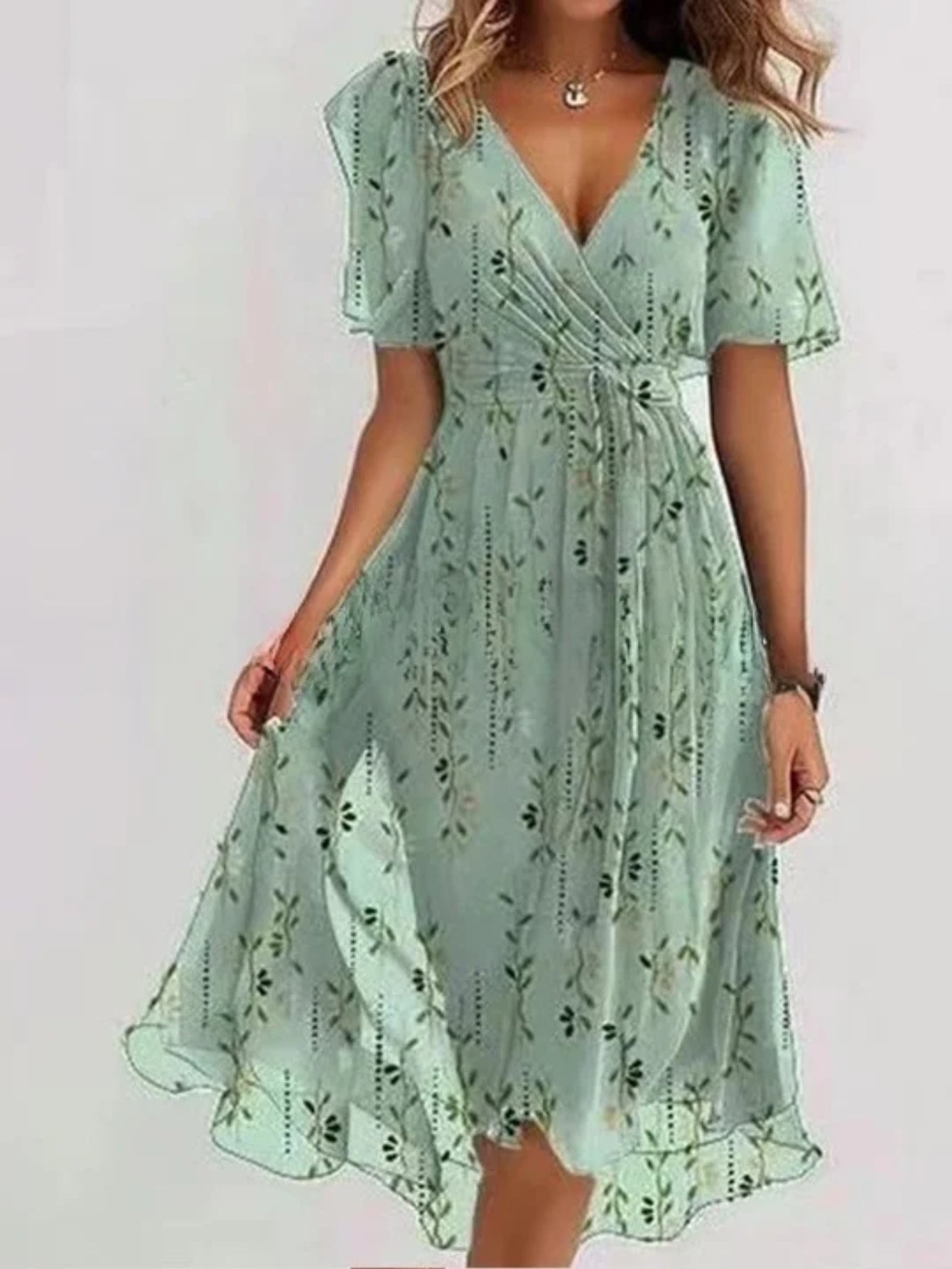 Short Sleeve V-Neck Floral Dress