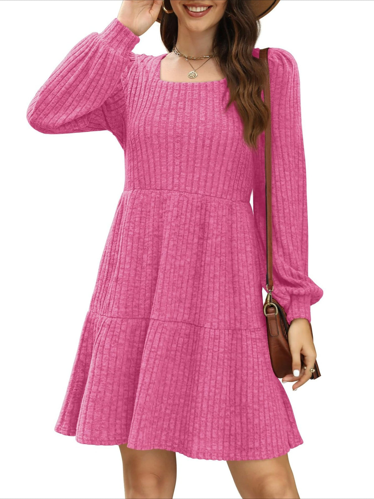 Square Neck Long Sleeve Dress with Pockets