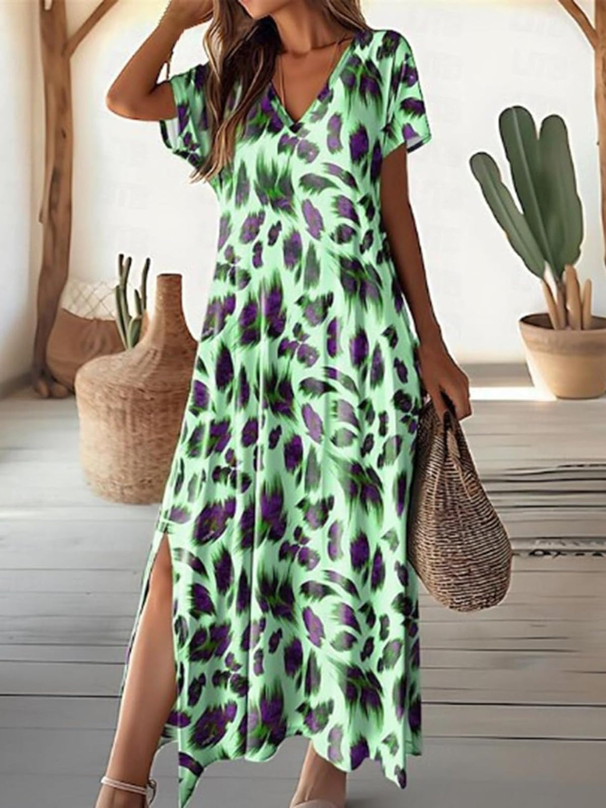Short Sleeve V Neck A Line Maxi Dress