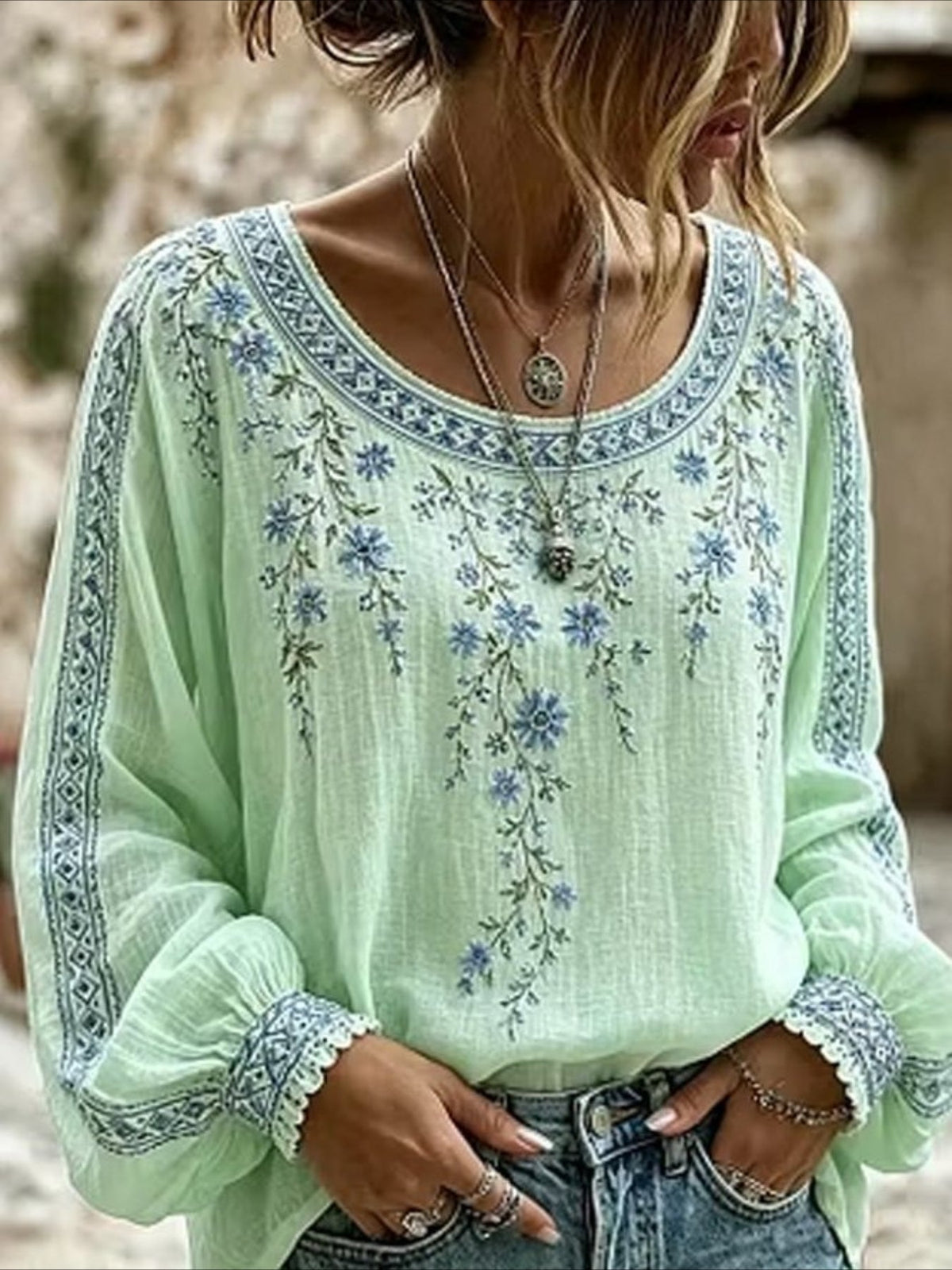 Floral Crew Neck Long Sleeve Blouse
