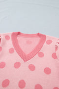Rose Red Polka Dot Puff Short Sleeve Sweater Top