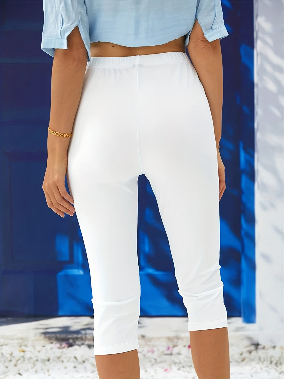 Solid Elastic Waist Medium Stretch Yoga Capri Leggings