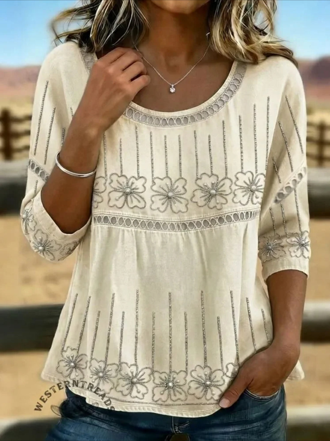 Printed Mid Sleeve Pleated Round Neck Top