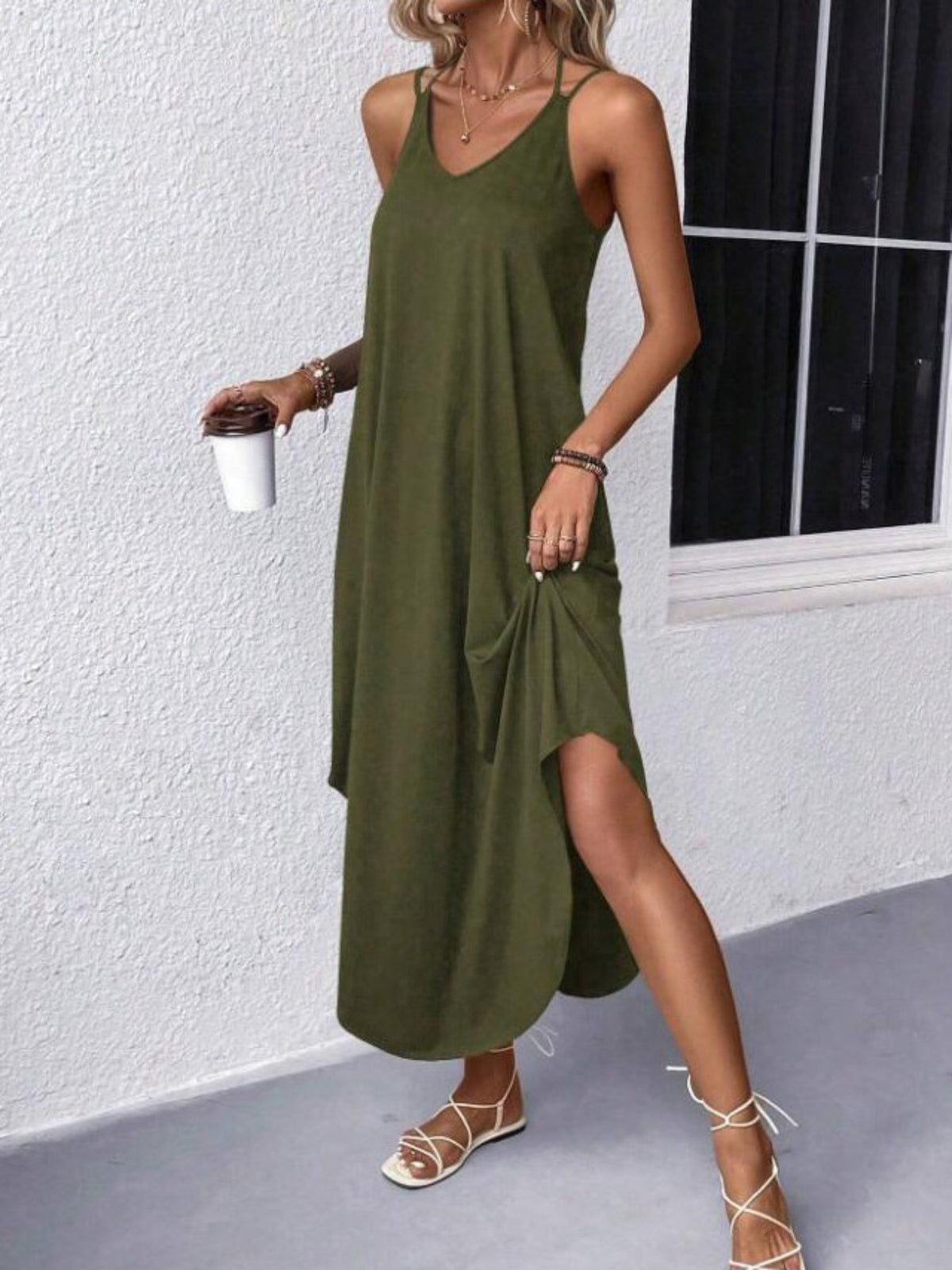 Women's Solid Backless Cami Dress with Tie Neck and Curvy Hem - Casual Sleeveless Oversized Dress for Comfort and Style