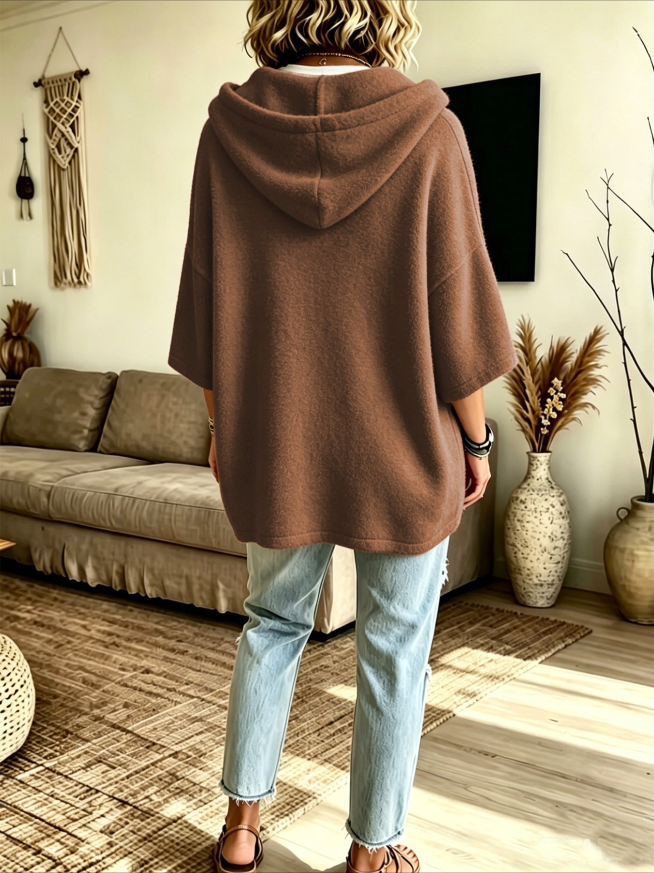 Loose 3/4 Sleeve Hooded Drawstring Bat-sleeved Sweatshirt