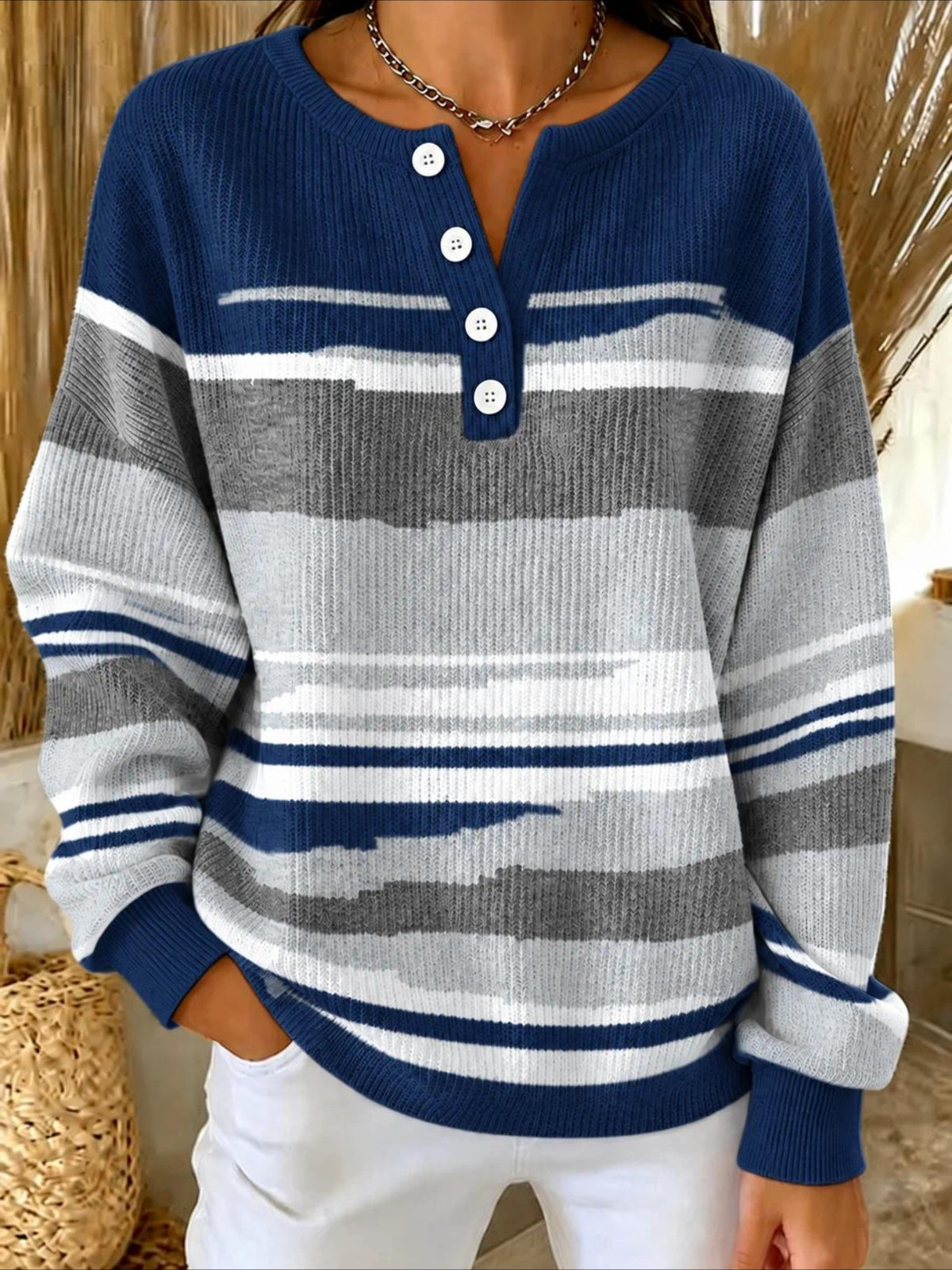 Abstract V Neck Button Long Sleeve T-Shirt