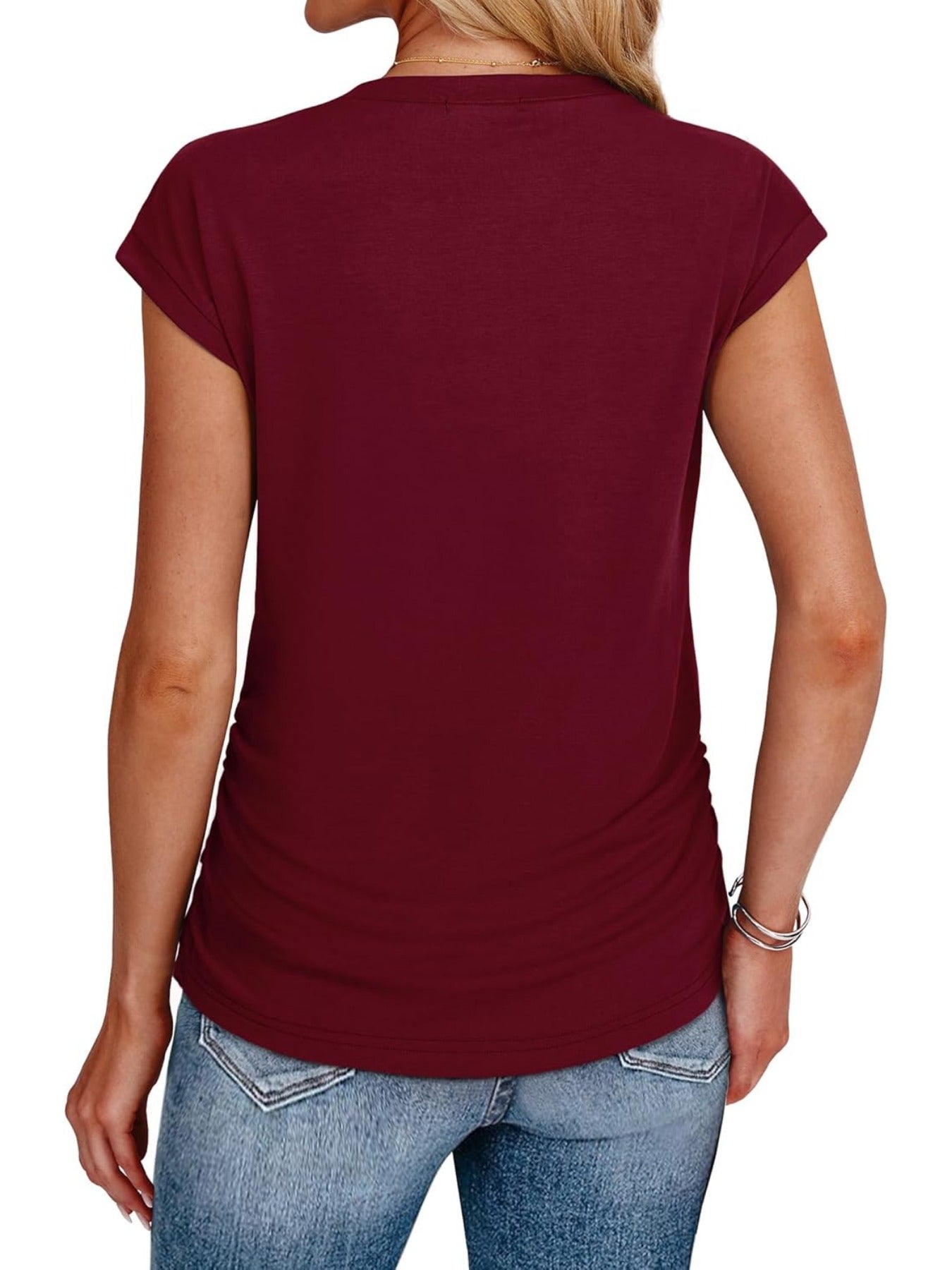 Solid Color Crew Neck Ruched Cap Short Sleeve T Shirts