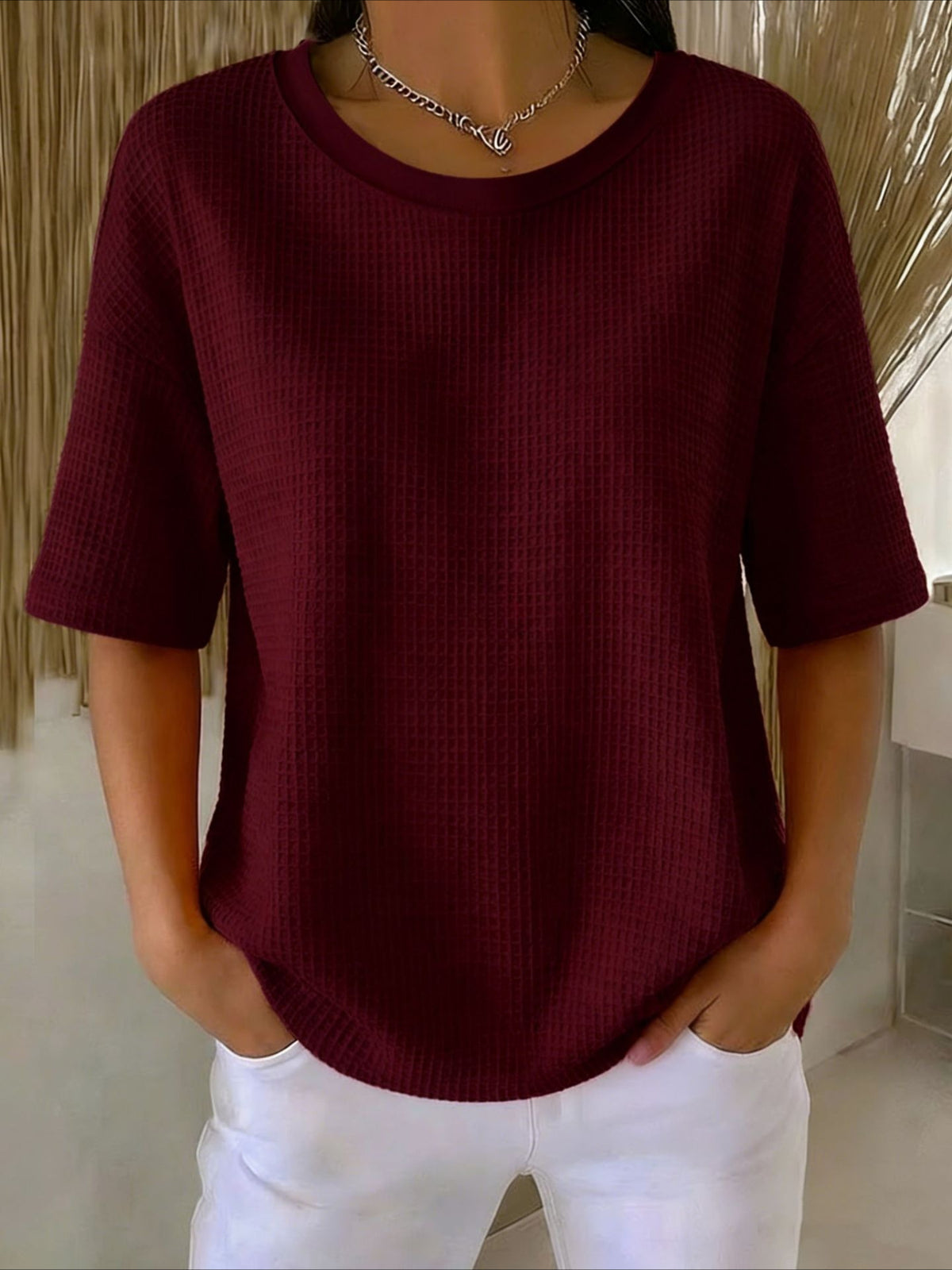 Waffle Solid Color Classic Modern Casual Short Sleeve Crew Neck Regular Tops