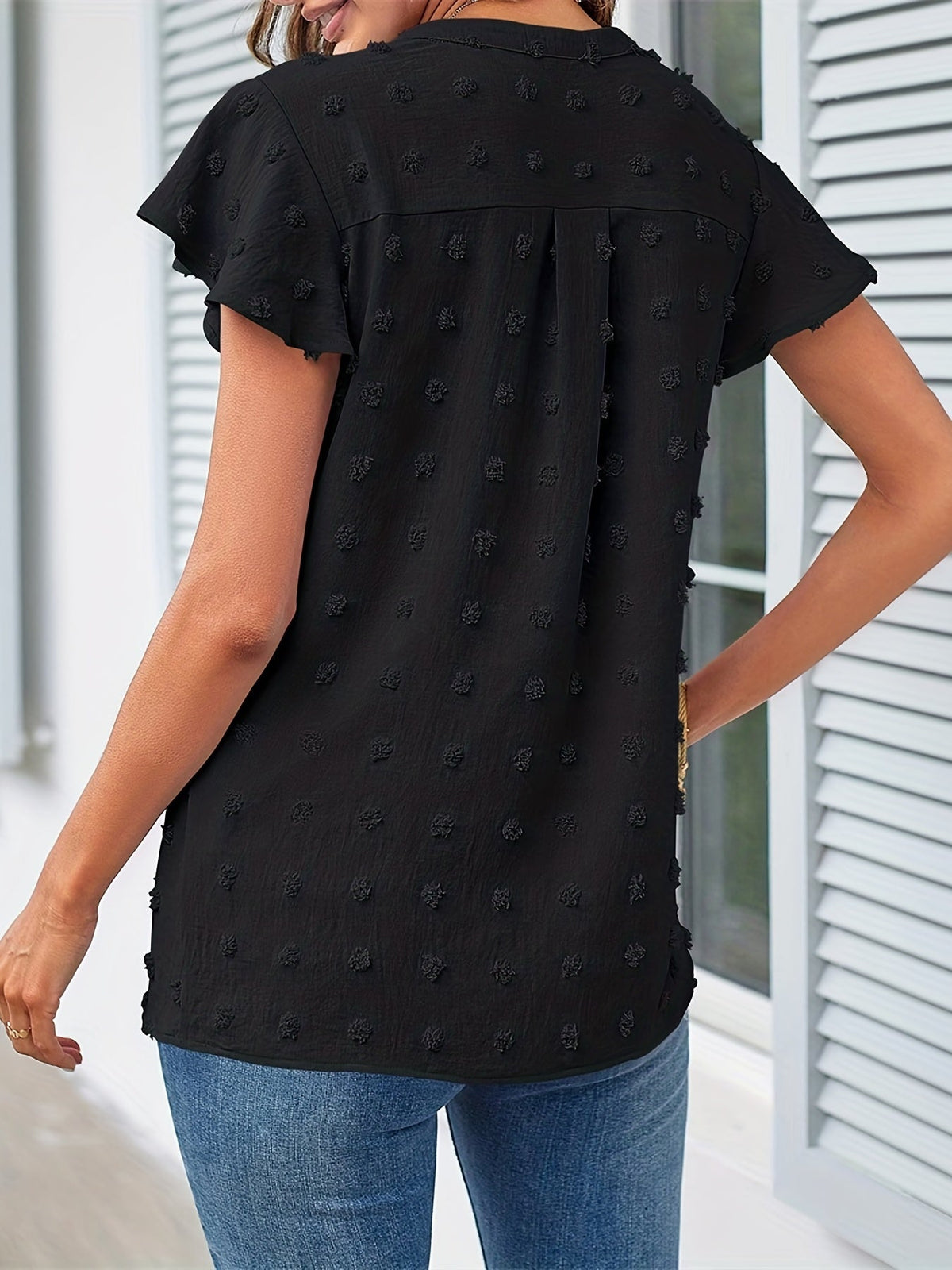 Swiss Dot V Neck Blouse, Casual Ruffle Sleeve Blouse