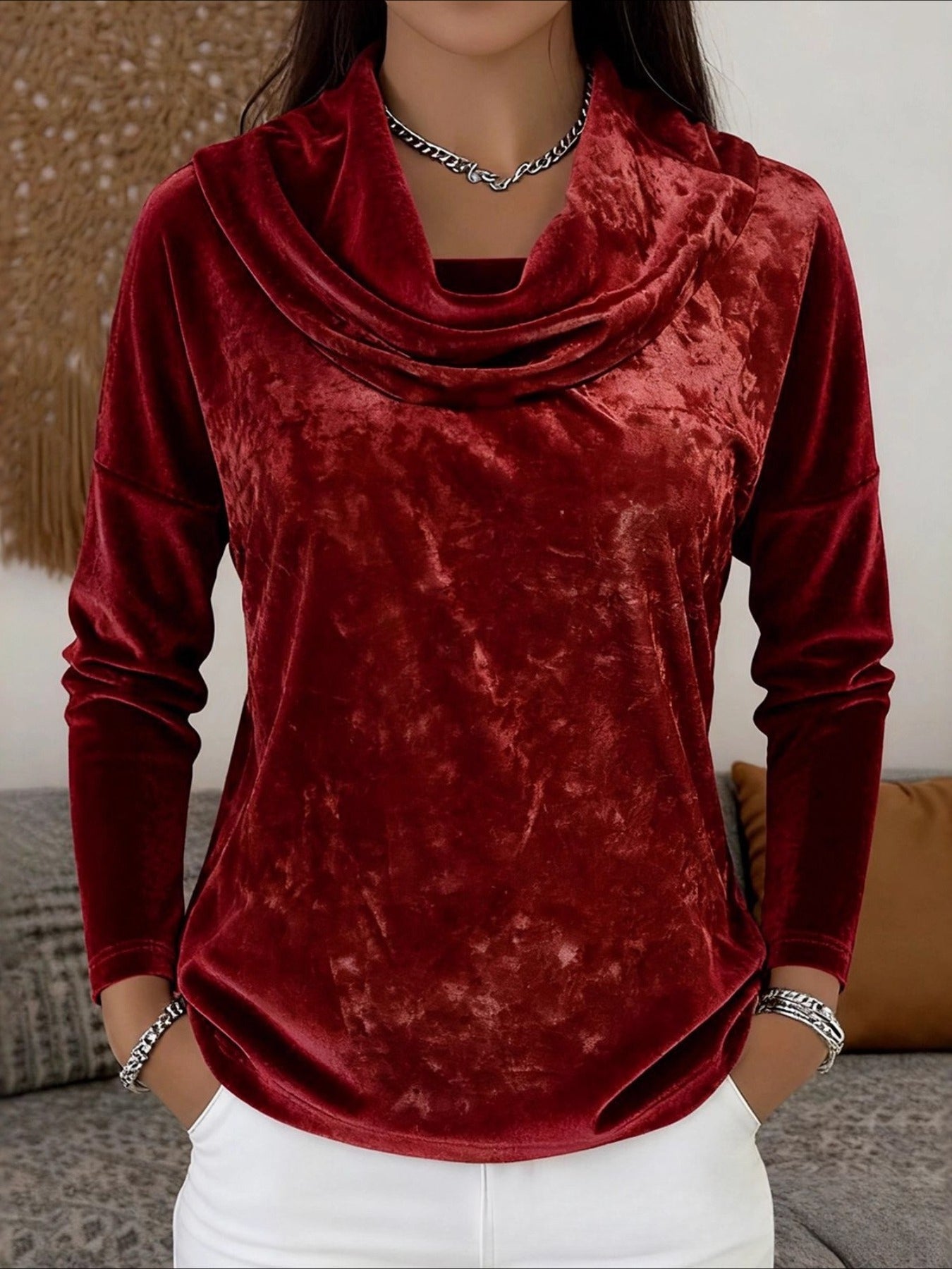 Solid Color Gold Diamond Fleece Round Neck Long Sleeve Top