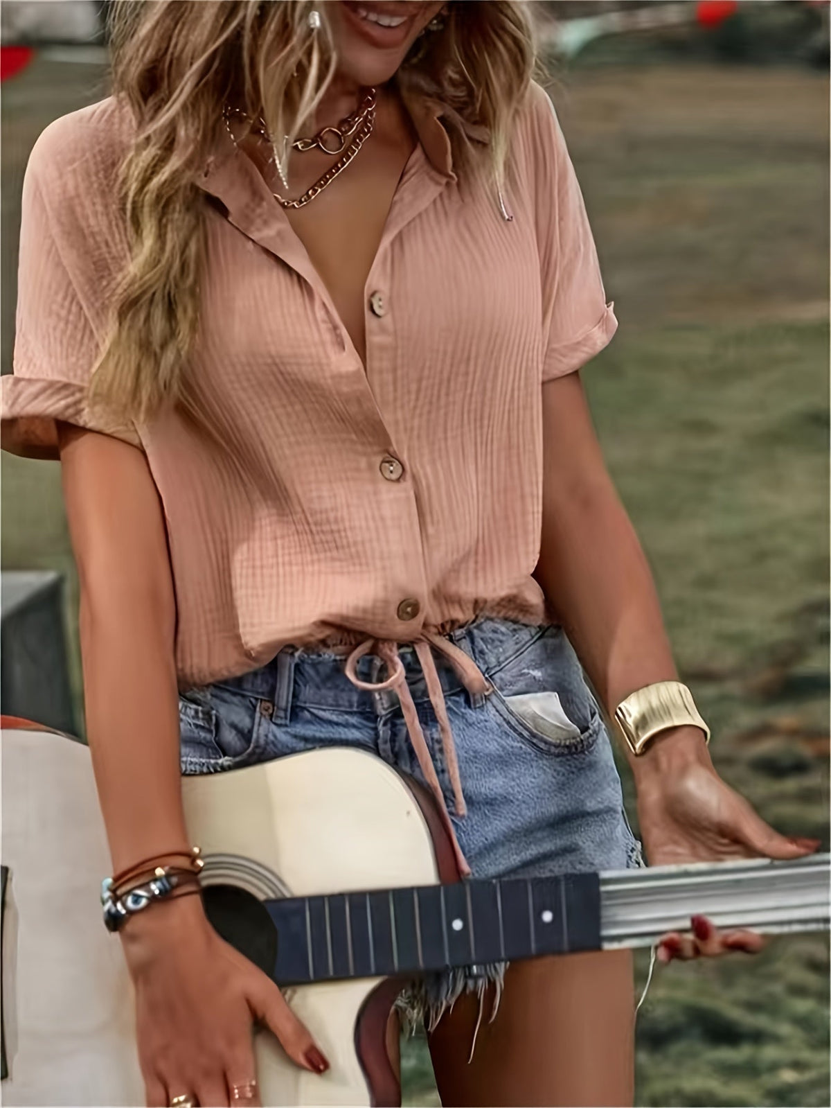 Solid Drawstring Button Front Blouse, Vintage Short Sleeve Blouse