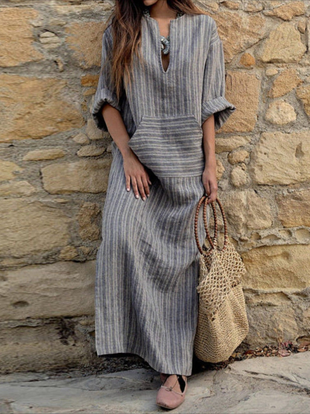 Striped Print Long Sleeve Dress - Relaxed Casual Style with Notch Neck