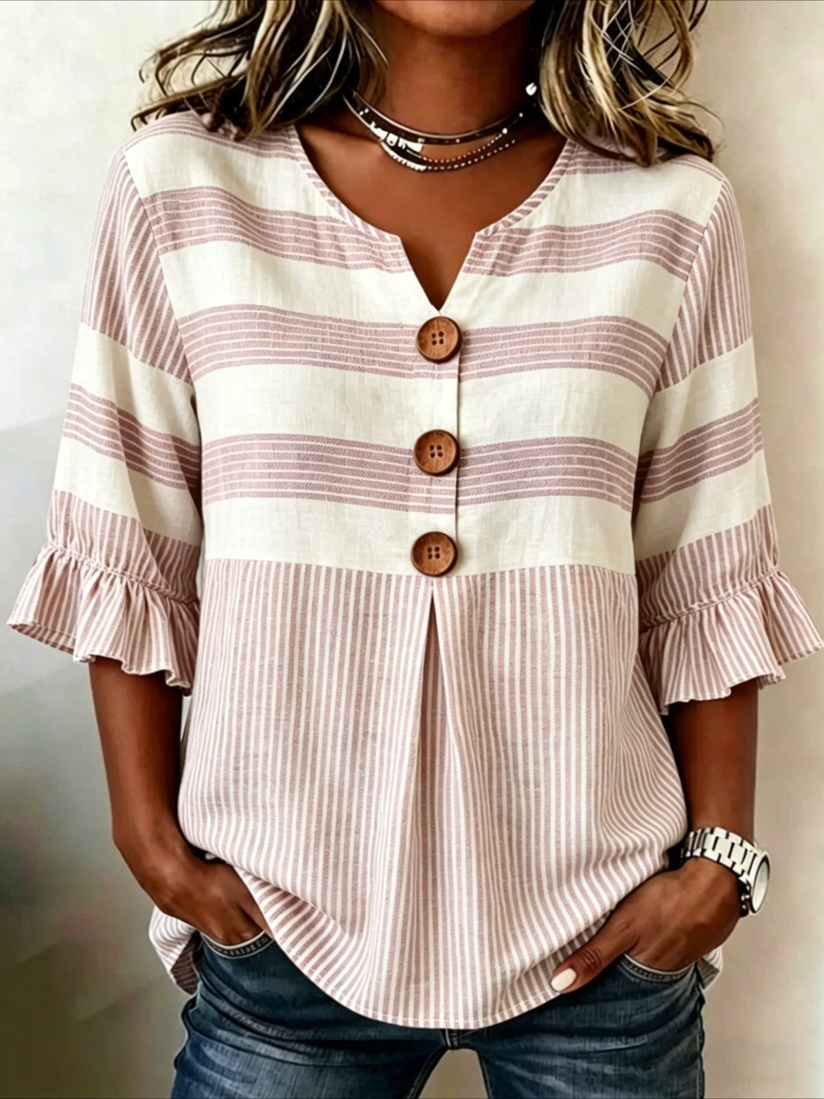 Striped Print V Neck Button Short Ruffle Sleeve Casual Top