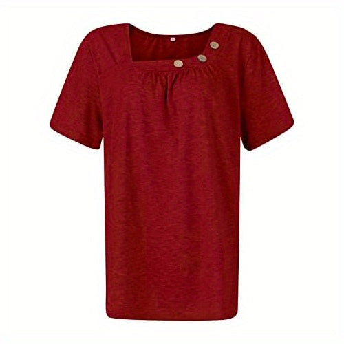 Ruched Solid Blouse, Casual Asymmetrical Short Sleeve Blouse
