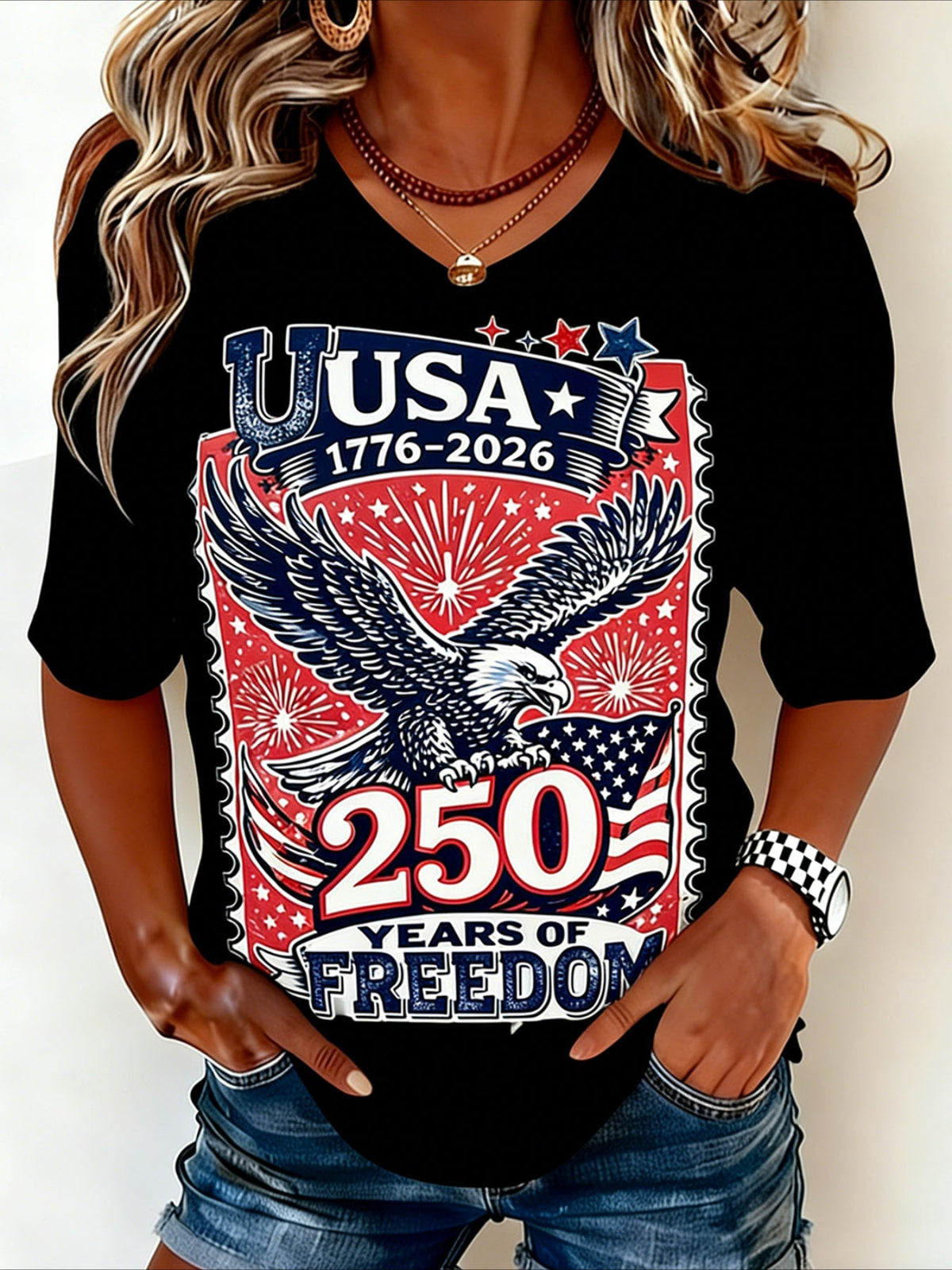Casual Vintage America 250 Years Printing Crew Neck Short Sleeve T-shirt