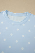 Sky Blue Polka Dot Short Sleeve Loose Top Drawstring Shorts Set