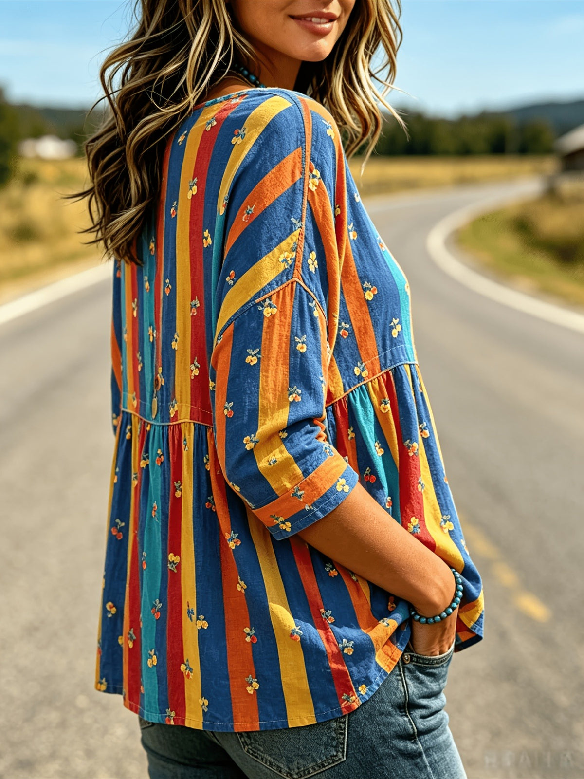 Floral Print 3/4 Sleeve V-Neck Three-Button Front Babydoll Blouse