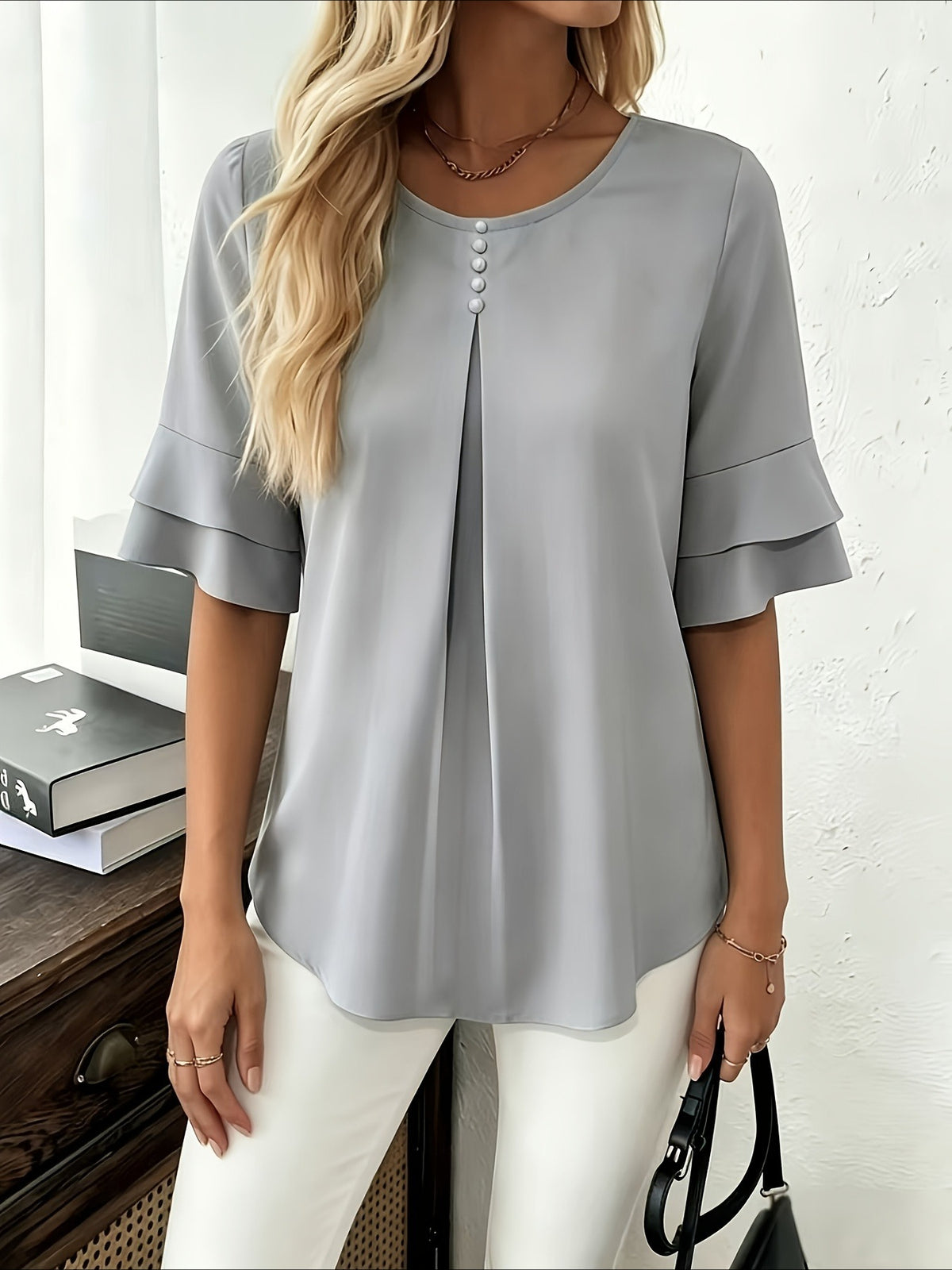 Elegant Fashion Summer Loose Solid Round Neck Button-Up Shirt Flared Sleeve Ruffle Top