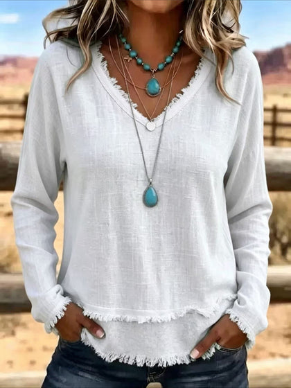 Solid Color Loose V Neck Beard Edge Long Sleeve T-shirt