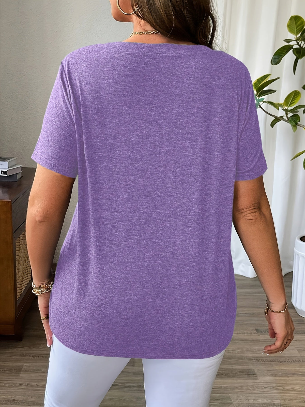 Solid Color T-Shirt with Crisscross V-Neck and Short Sleeves