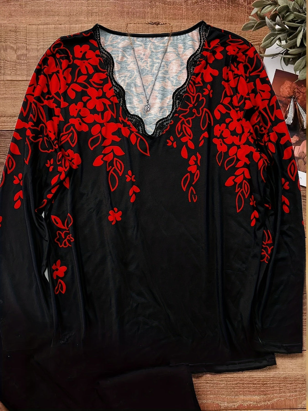 Casual Top, Women's Leaf Print Contrast Lace Long Sleeve V Neck Slight Stretch Top
