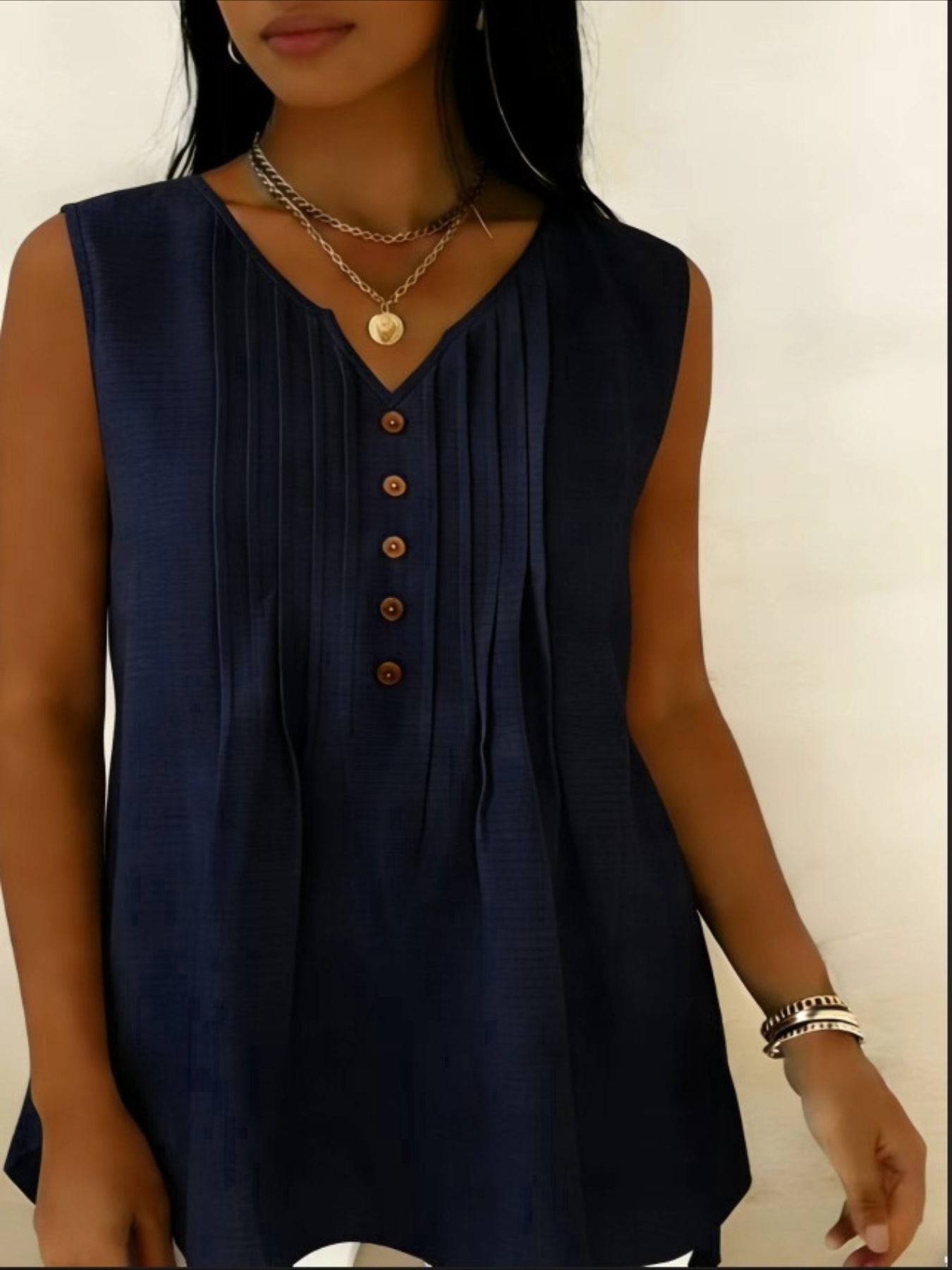 Elegant V Neck Sleeveless Button Summer Vacation Casual Tank Top