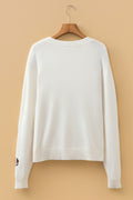 Beige Sequin Football Print Round Neck Long Sleeve Loose Fit Sweater