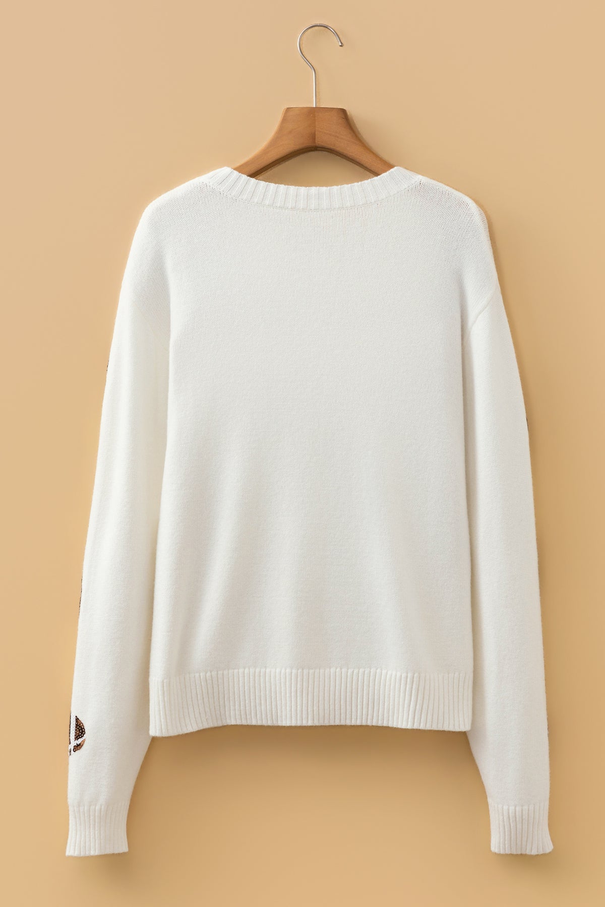 Beige Sequin Football Print Round Neck Long Sleeve Loose Fit Sweater