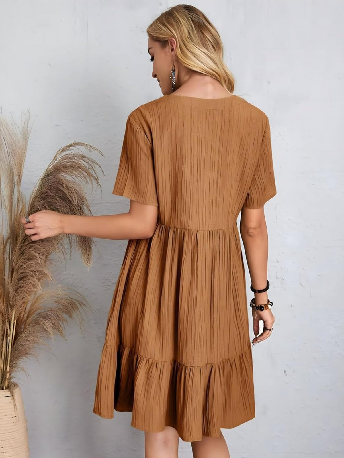 Short Sleeve V Neck Ruffle Mid Dress
