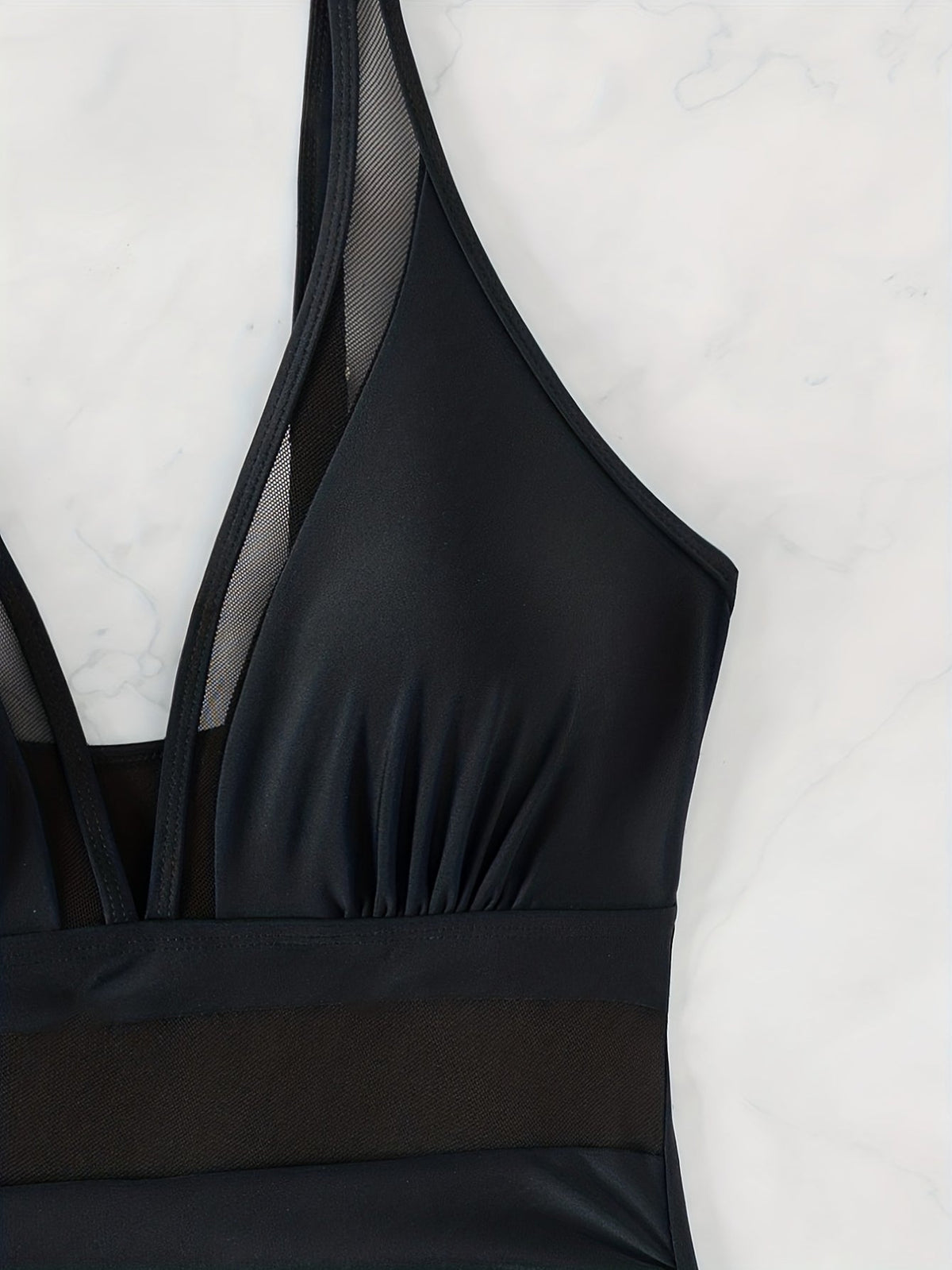 Solid Mesh Contrast One-piece Swimsuit, V Neck Stretchy Ruched Bathing Suits