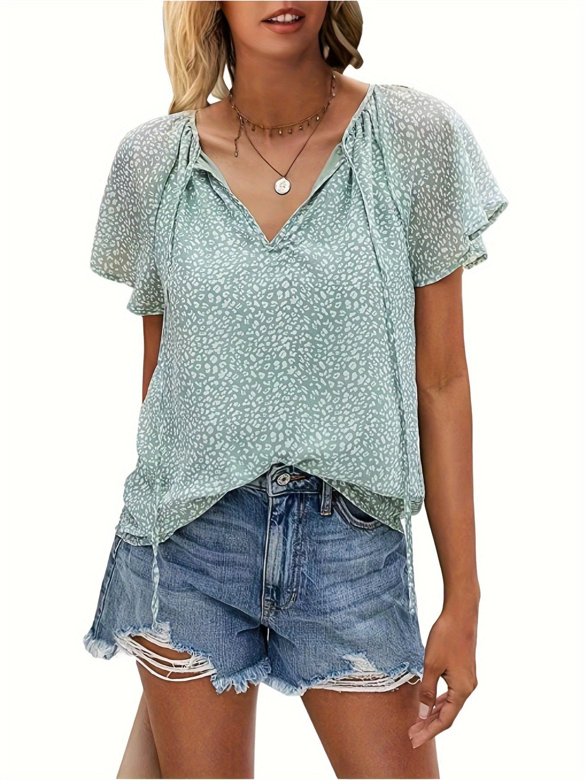 V Neck Flutter Sleeve Blouse, Loose Casual Top