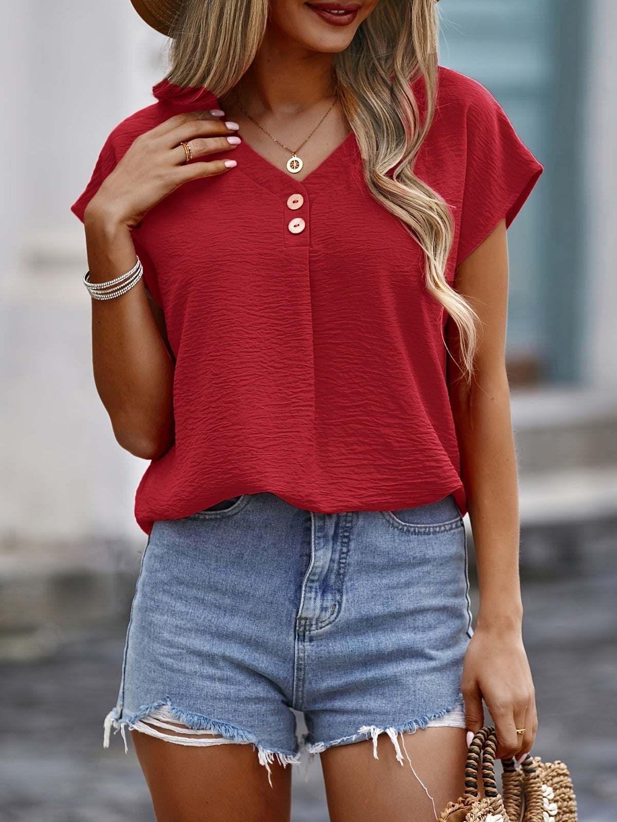 Elegant V-Neck Blouse with Button Detail - Perfect Fashion