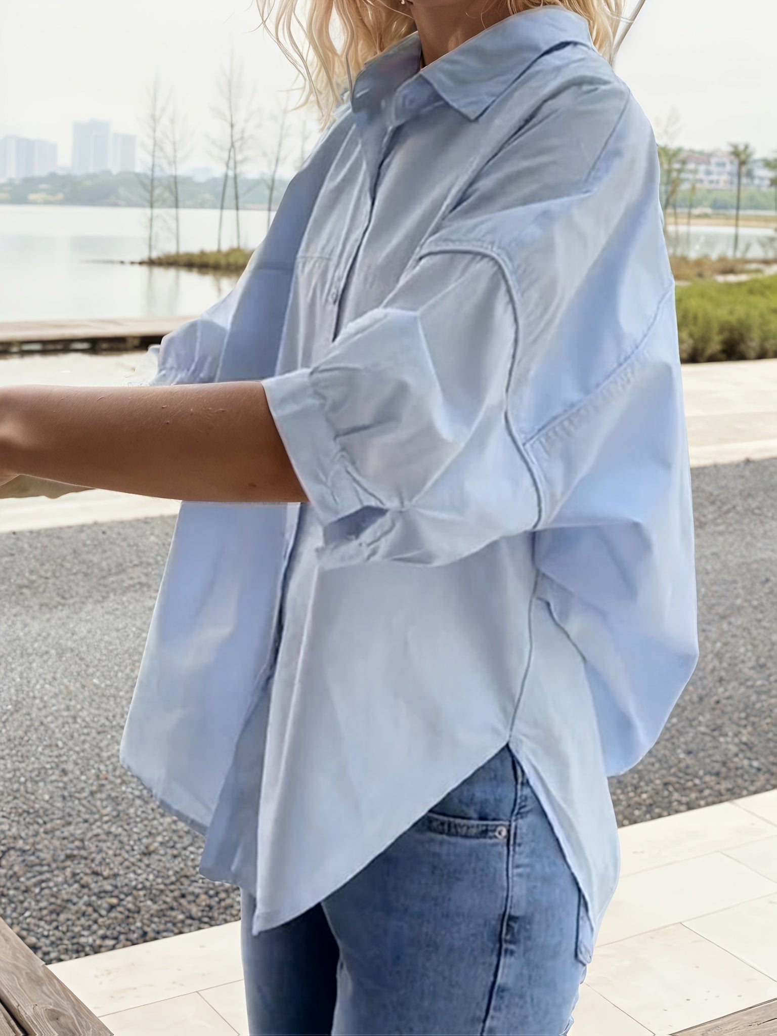 Blue Lapel Short Sleeve With A Loose Thin High-grade Commuter Half-sleeved Shirt