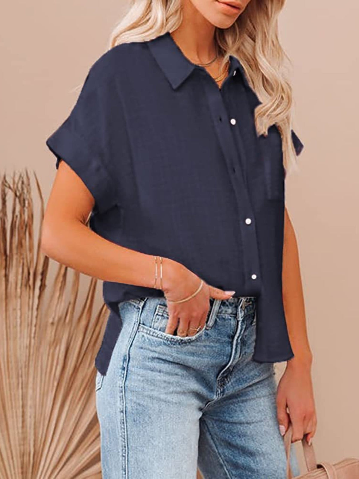 Solid Color Short Sleeve Blouse, Casual Button Front Blouse