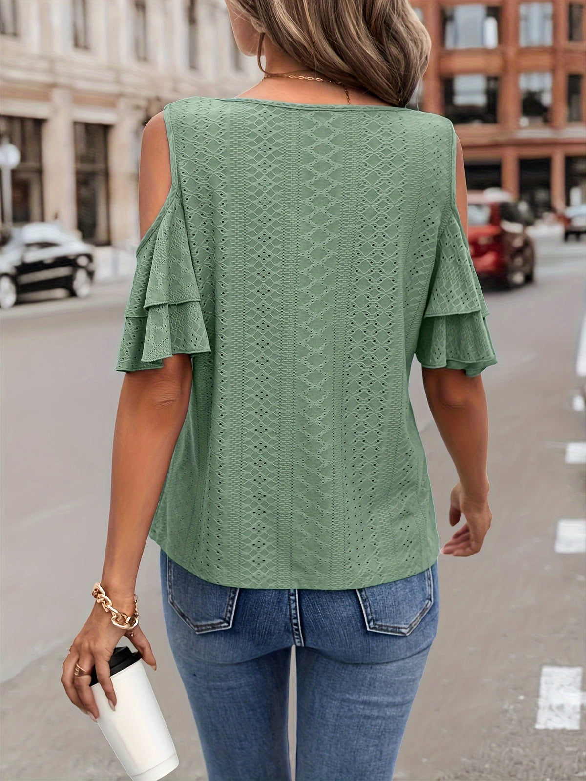 Cold Shoulder V Neck Eyelet T-Shirt, Casual Flutter Tiered Sleeve T-Shirt