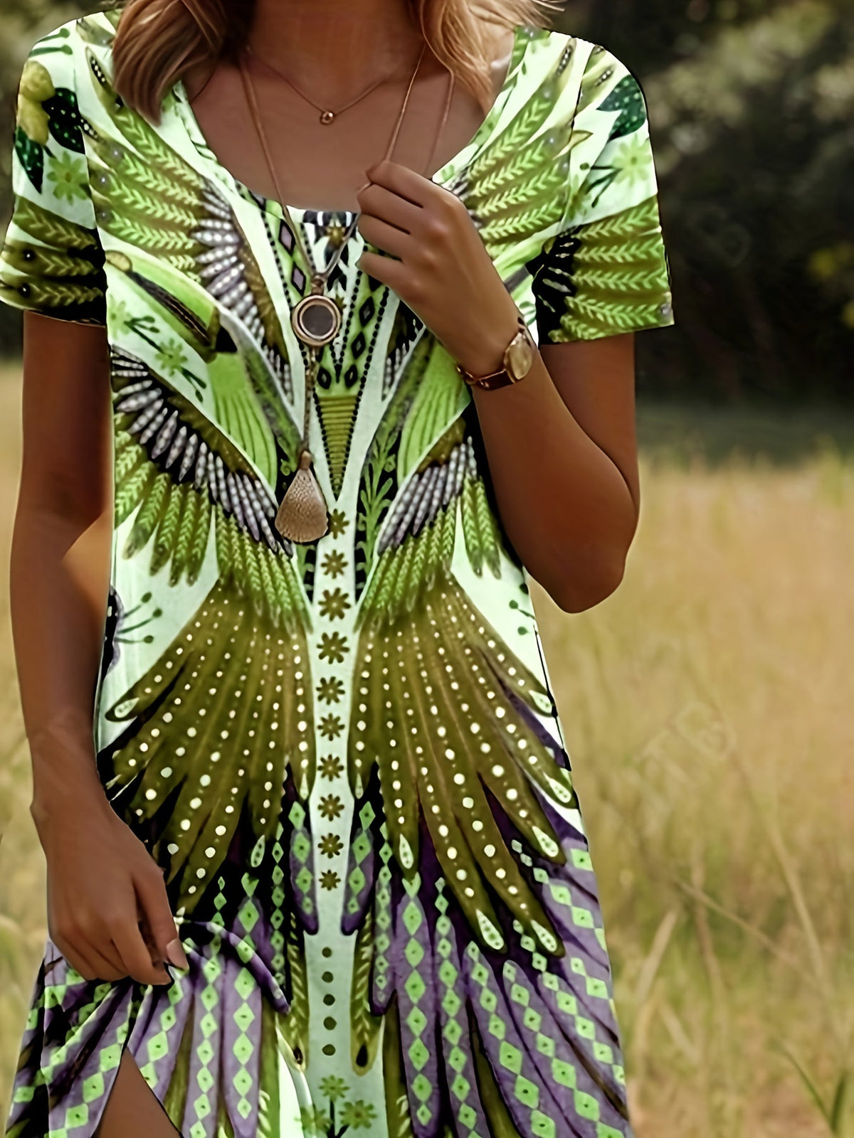 Elegant Floral Print Knee-Length Short Sleeve Round Neck A-Line Dress