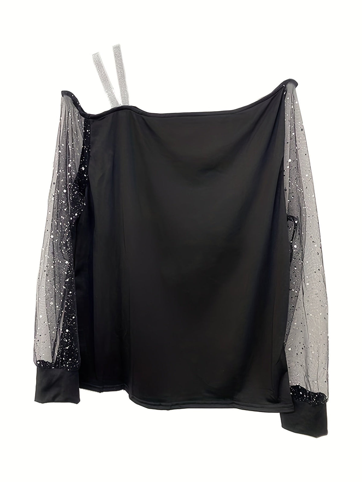 Rhinestones Floral Asymmetrical T-Shirt, Casual Cold Shoulder Mesh Long Sleeve Top