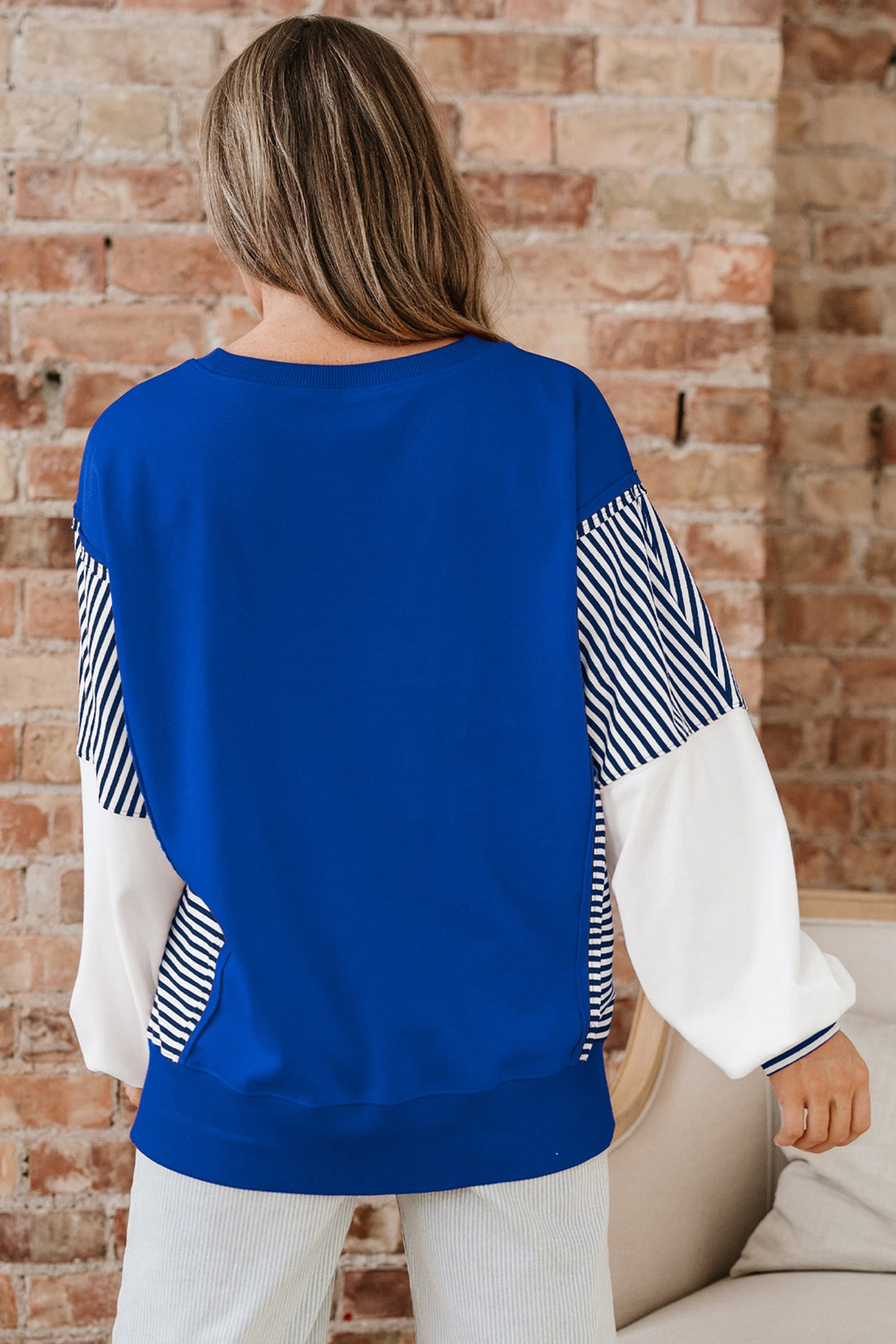 Dark Blue Striped Patchwork Sleeve Colorblock Sweatshirt