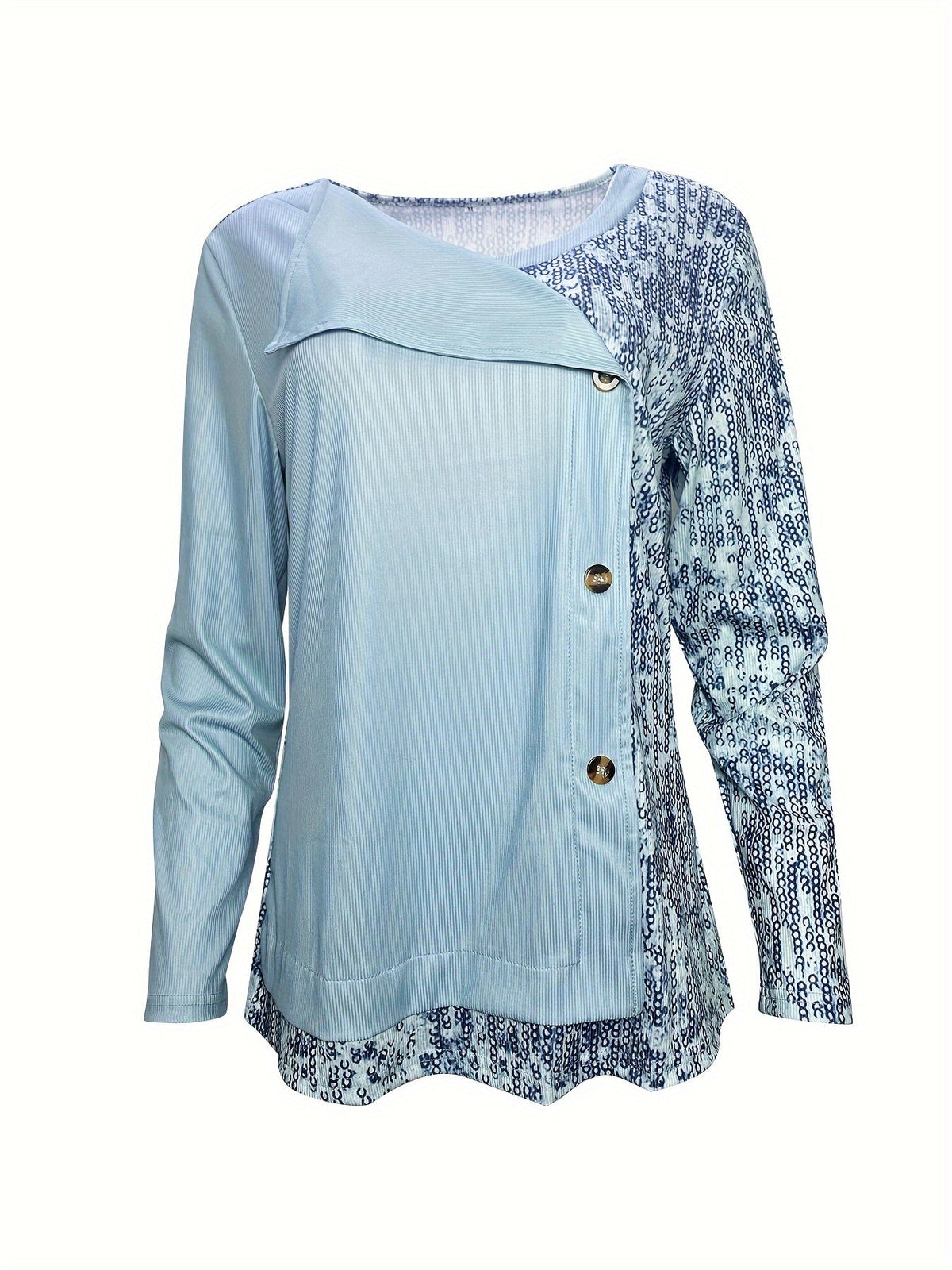 Sequined Button Decor V-neck Splicing T-Shirt, Casual Long Sleeve T-Shirt
