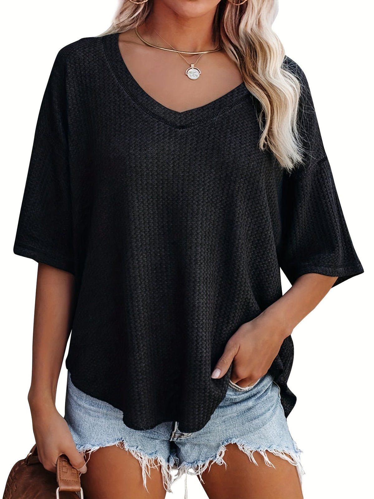 Solid Elegant V Neck T-Shirt, Drop Shoulder Casual Top