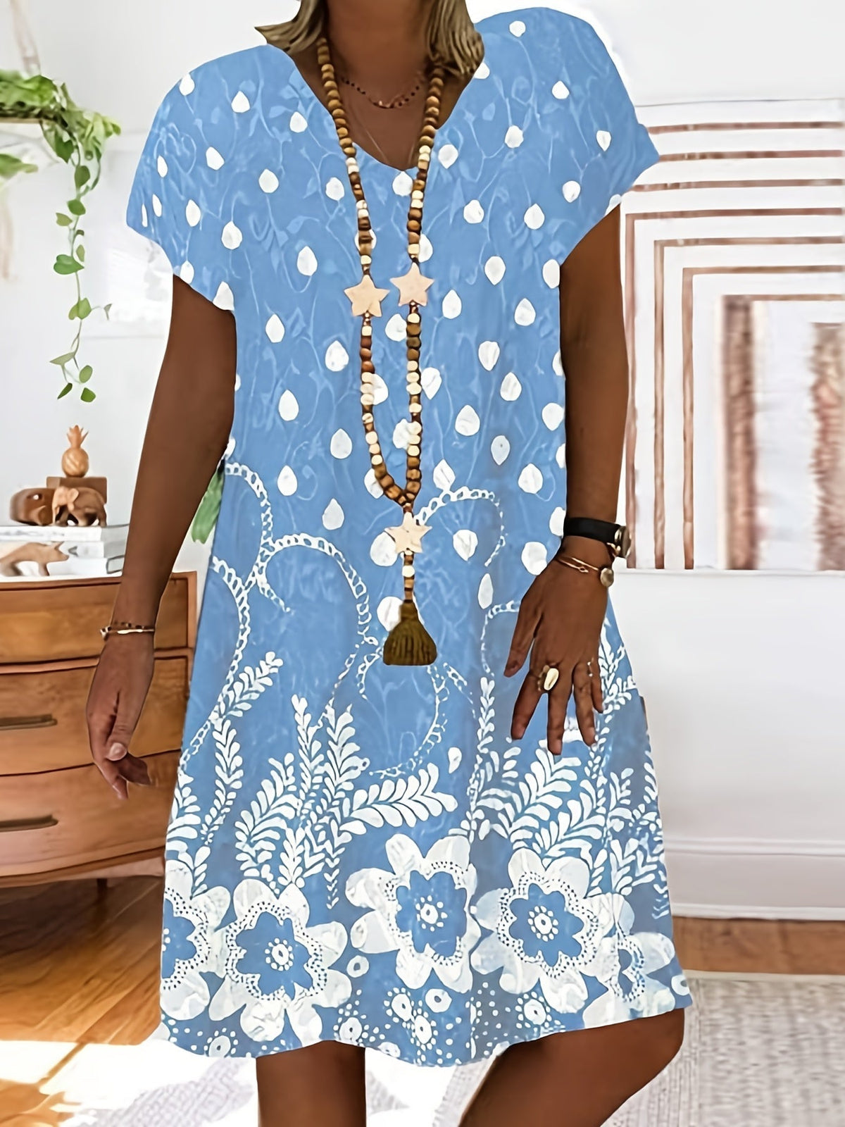 Retro Print Loose Long Dress, Short Sleeve V-neck Waist Summer Dresses