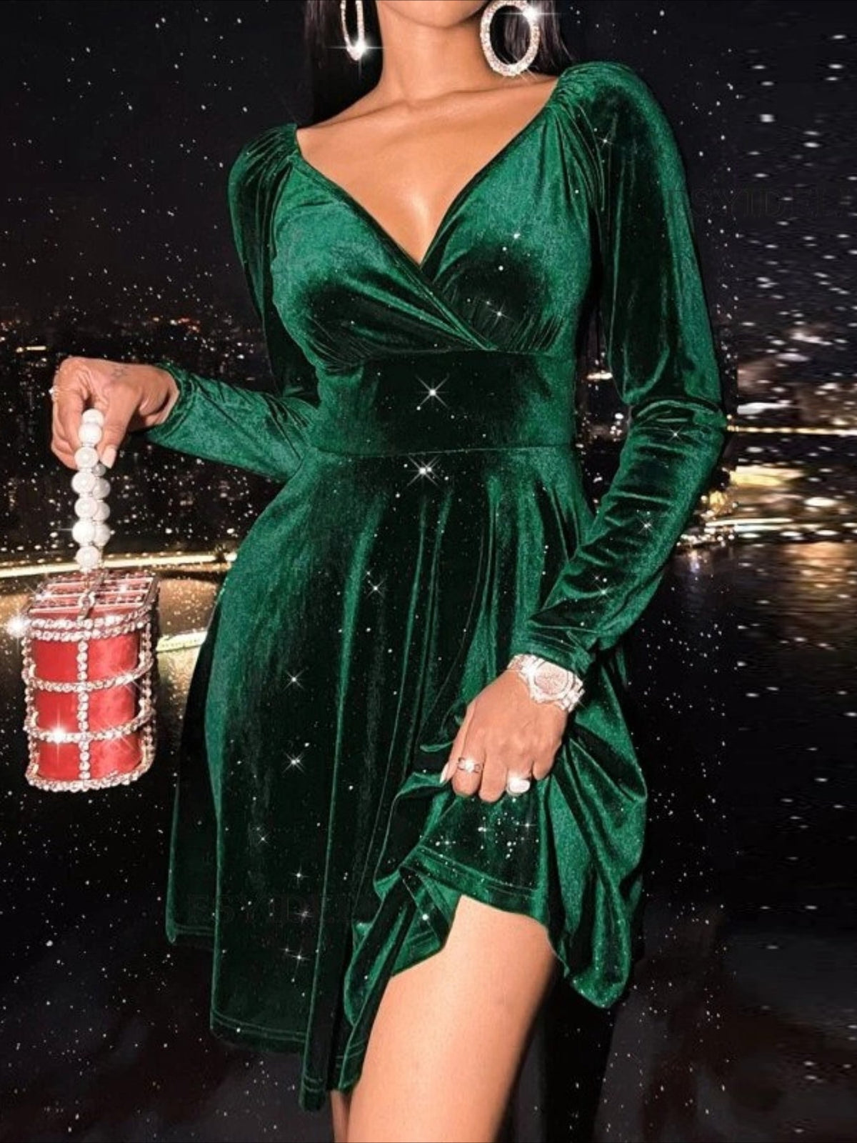 Plain Spring/Fall V Neck Long Sleeve A-Line Midi Dress