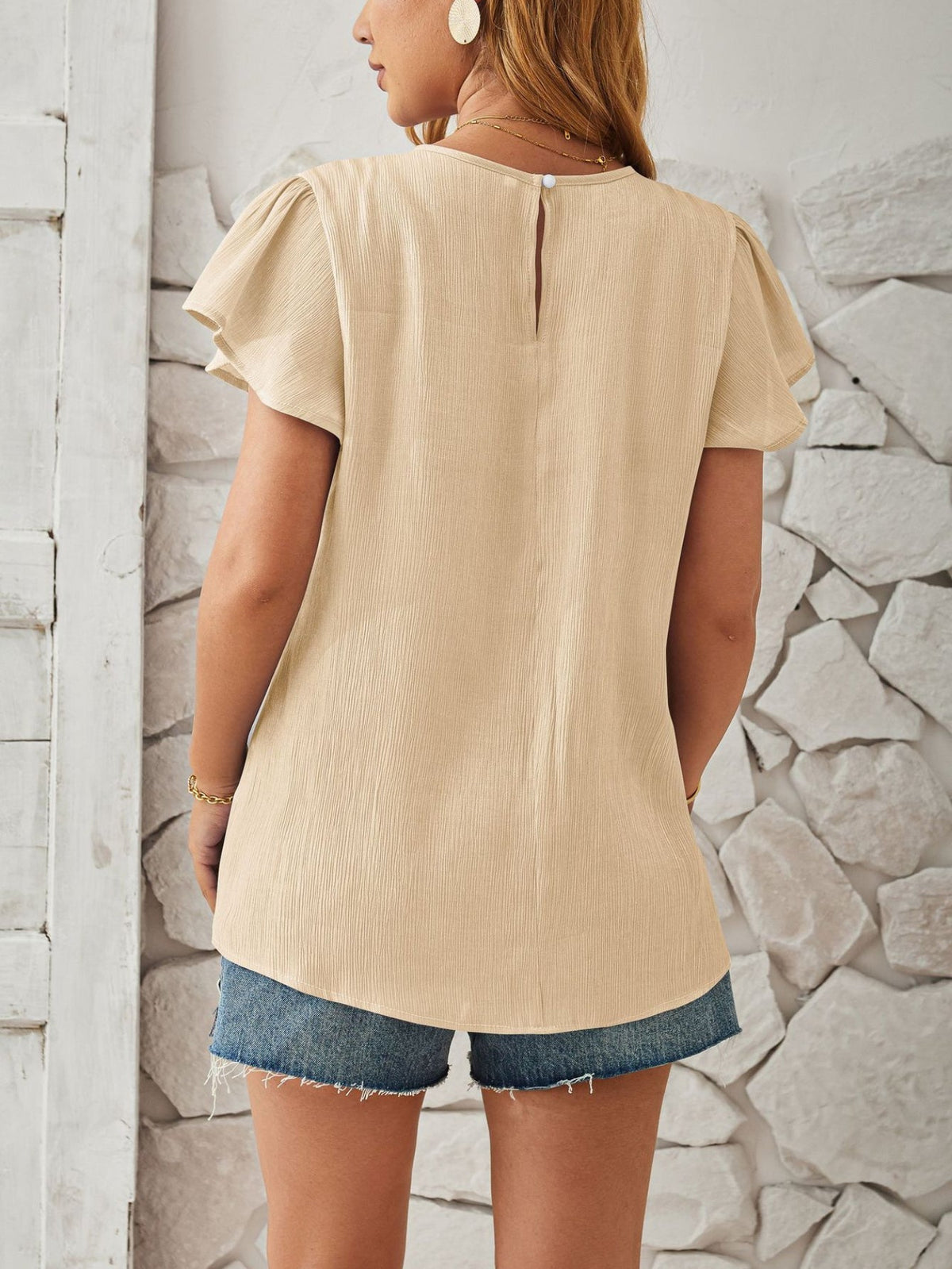 Solid Crew Neck Ruffle Trim Blouse, Casual Textured Simple Blouse