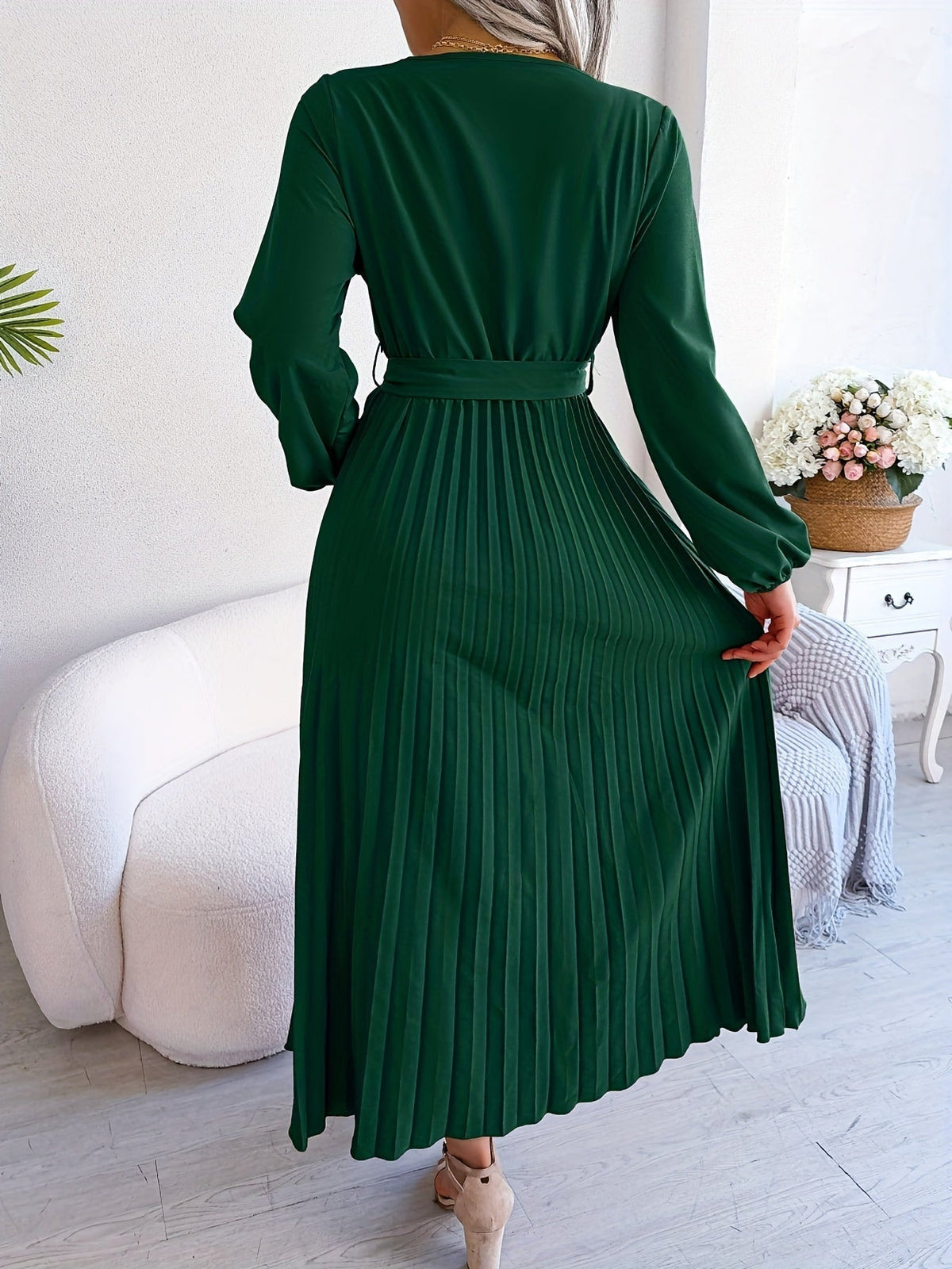 Pleated Surplice Neck Dress, Elegant Long Sleeve Solid Dress, Women's Clothing