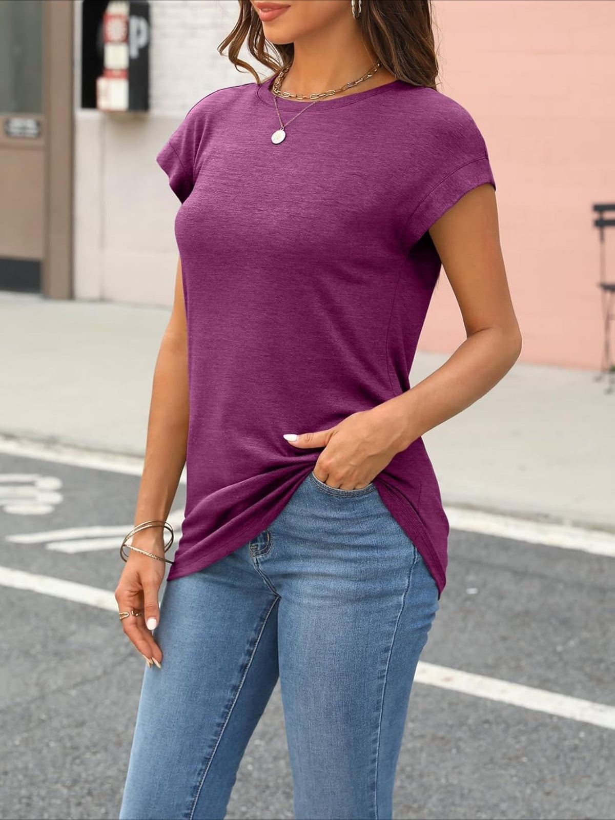 Solid Color Round Neck Cap Sleeve T Shirts