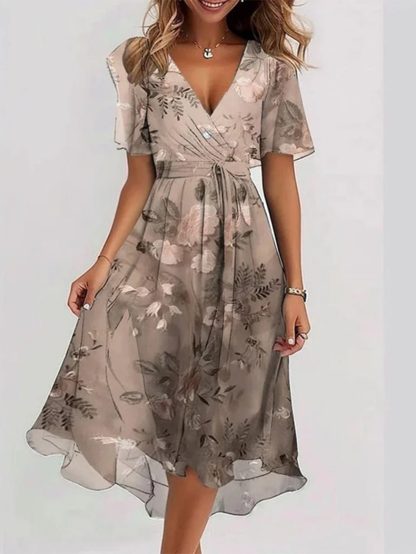 Short Sleeve V-Neck Floral Dress