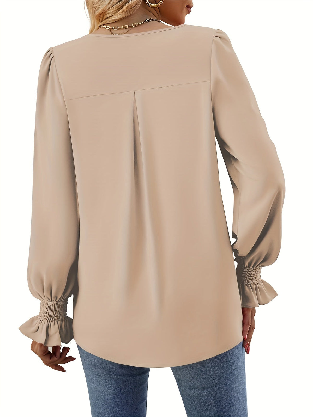Solid V Neck Simple Blouse, Elegant Long Sleeve Ruched Blouse