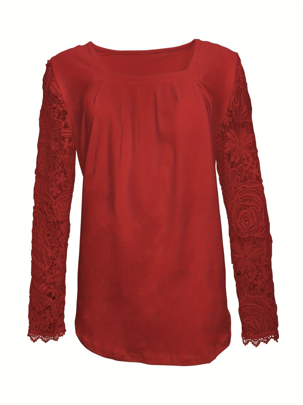 Lace Stitching T-Shirt, Casual Square Neck Long Sleeve T-Shirt
